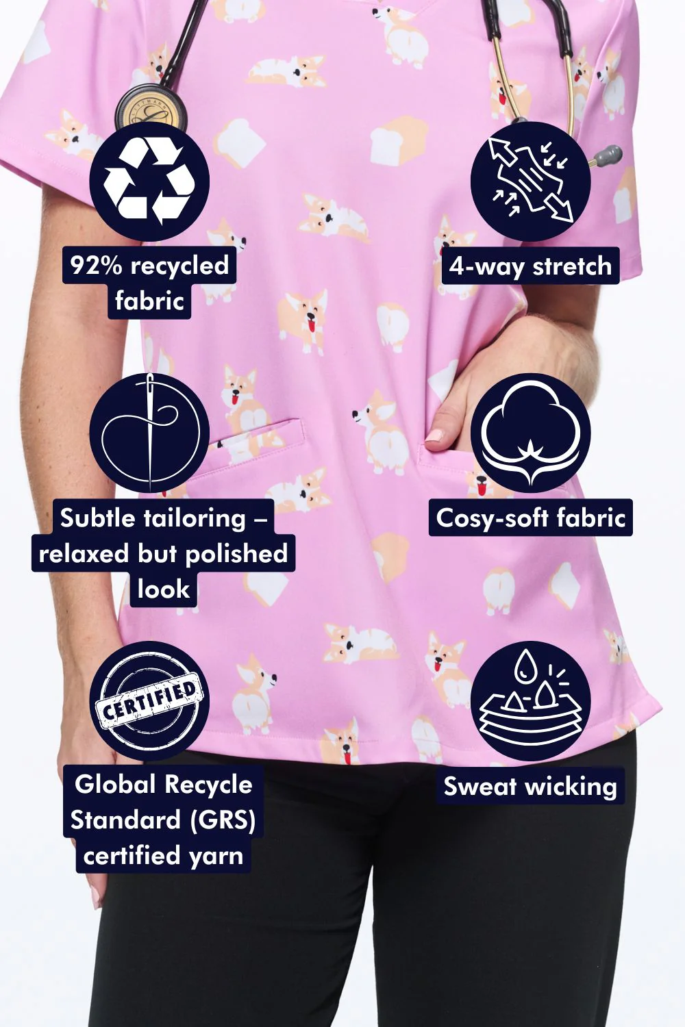 Loafing Corgis Women’s 3-Pocket Scrub Top - Image 2
